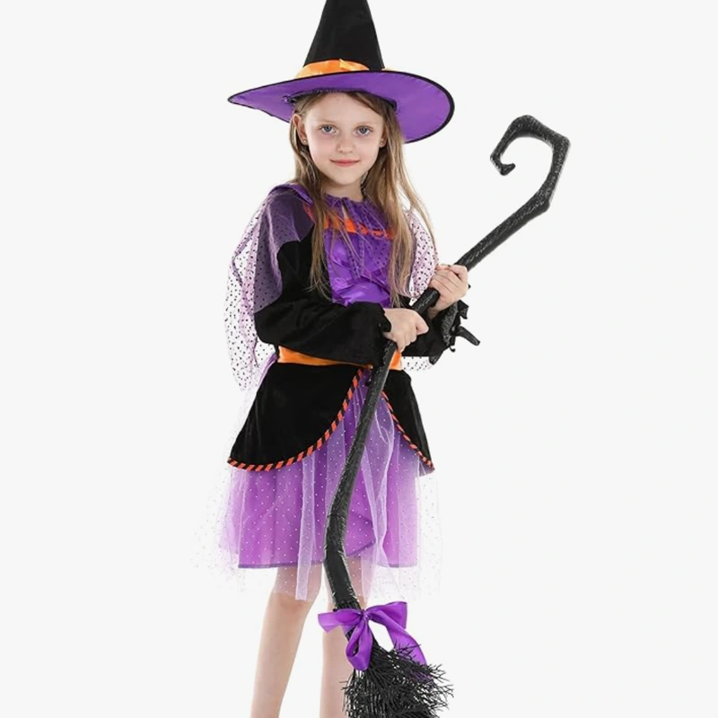 ハロウィン写真撮影パープルキラキラキッズ魔女ドレス